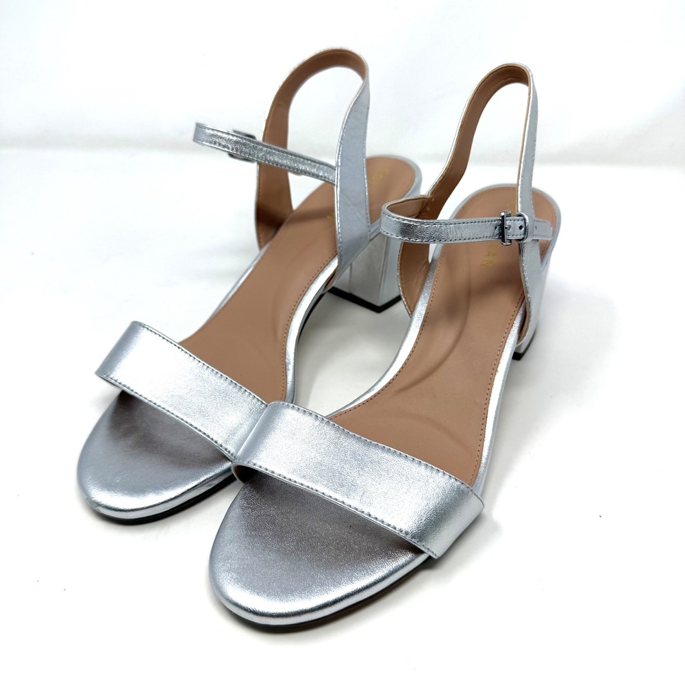 Cole Haan Josie Women Silver Metallic Leather Block Heel Ankle Strap Sandals 8.5